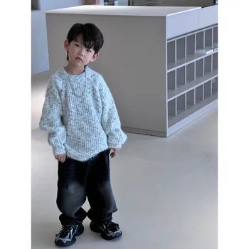 Детский свитер, новинка зимы 2023, модный тренд для мальчиков, толстый теплый трикотаж, свитер для маленьких мальчиков, свитер оверсайз для детей