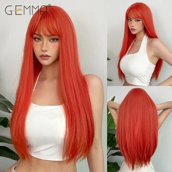 Длинный прямой оранжево-красный парик для косплея GEMMA, синтетические парики из натуральных волос Лолиты с челкой для белых женщин, термостойкое волокно