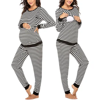 Европейская и американская новая пижама для беременных в полоску с длинными рукавами для грудного вскармливания, домашний комплект для сна для беременных