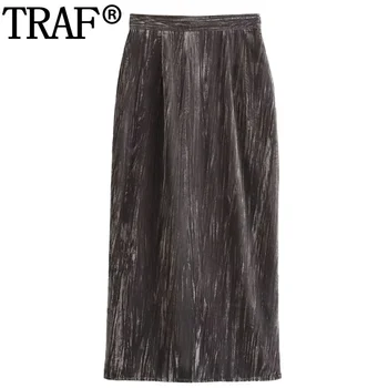 Женская бархатная юбка-карандаш TRAF с высокой талией, длинные юбки для женщин, зимняя плиссированная юбка миди с разрезом, Элегантные женские юбки для общества