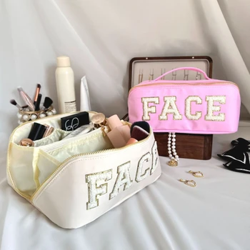 Женская косметичка с вышивкой и буквами, женские нейлоновые сумки для хранения большой емкости, однотонные женские дорожные сумки для макияжа.