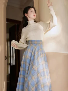 Женская модная шерстяная длинная юбка Осень-зима трапециевидная юбка небесно-голубого цвета в клетку с высокой талией