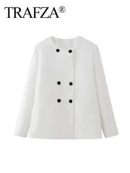 Женская осенняя свободная куртка TRAFZA 2023, модные однотонные куртки с круглым вырезом и карманами с длинным рукавом, Двубортные женские модные куртки для офиса, леди