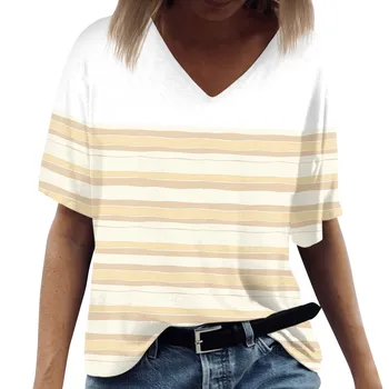 Женская простая футболка с V-образным вырезом 2024, Новые летние футболки с короткими рукавами, модные топы в полоску с принтом, повседневные топы