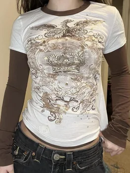Женская рубашка с длинным рукавом Y2k, винтажный укороченный топ, футболки, осенняя одежда в стиле гранж, эстетичные топы