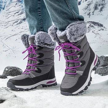 Женские зимние водонепроницаемые зимние ботинки, уличные мужские и женские плюшевые хлопчатобумажные ботинки, лыжные походные ботинки на шнуровке с меховой подкладкой