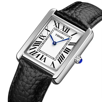 Женские кварцевые часы YHMEI С прямоугольным квадратным циферблатом, женские роскошные наручные часы с римскими цифрами, Классические черно-белые часы