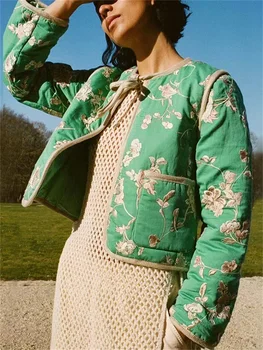Женские парки 2023, Новая зимняя короткая куртка с круглым вырезом и цветочной вышивкой, на шнуровке, с длинным рукавом, винтажное короткое пальто