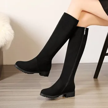 Женские резиновые сапоги, Пикантная зимняя обувь на высоком каблуке до бедра с круглым носком, женская обувь на молнии, выше колена, большого размера