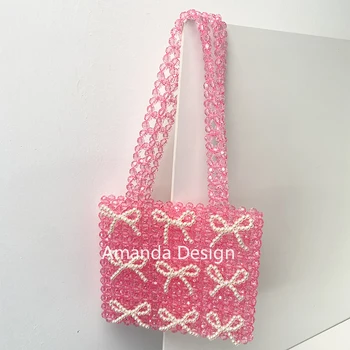 Женские ретро Квадратные Женские сумки от роскошных дизайнеров 2023, розовые сумки для женщин, расшитые бисером, подарок ручной работы, ужин на плечо