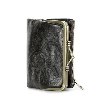 Женский кошелек из натуральной кожи, небольшой кошелек на металлическом каркасе, дамский карман для монет на засове и молнии, сумки для кредитных карт