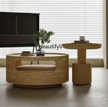 Журнальный столик из массива дерева в скандинавском стиле, круглый в стиле маленькой квартиры, бревенчатый диван для ребенка и матери и чайный столик из каменной плиты