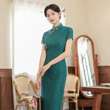 Зеленое кружевное женское платье Чонсам Винтаж Плюс Размер Китайская Традиционная мода Летние платья Повседневное платье Qipao от M до 4XL