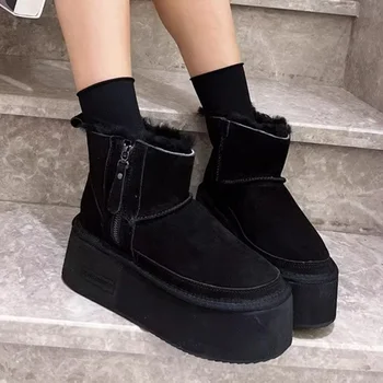 Зимние теплые ботинки 2024 года, женская обувь на плоской подошве и платформе, Новые дизайнерские короткие плюшевые ботинки 