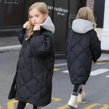 Зимняя хлопчатобумажная куртка для девочек, Детская Зимняя Длинная куртка длиной до колен для мальчиков 2023 года выпуска, новая Корейская длинная хлопчатобумажная куртка
