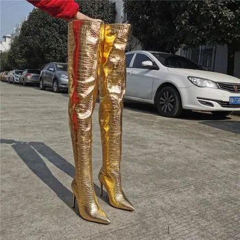 Золотистые женские сапоги выше колена на высоком каблуке, Ковбойские сапоги, Женские Удлиненные Botas Feminina 65 см