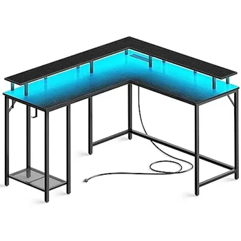 Игровой стол L-образной формы с розетками и светодиодной подсветкой, компьютерный стол с подставкой для монитора и полкой для хранения, стол для домашнего офиса