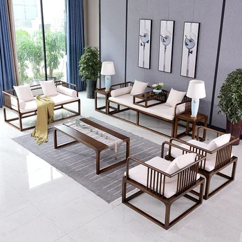 Изделие может быть изготовлено по индивидуальному заказу.Индивидуальный Новый китайский стиль, сочетание дивана и стула из массива дерева, Дзен, трехместный, антикварный, полностью твердый