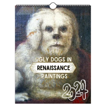 Календарь мультяшных собак на 2024 год, Уродливые собаки в живописи эпохи Возрождения, Календарь на 2024 год, Настенный декор с мультяшными собаками, Календарь на 12 месяцев