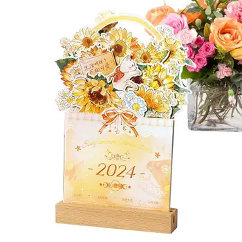 Календарь с цветущими цветами на 2024 год, Декоративный цветочный календарь в форме вазы с пустой ежемесячной памяткой на деревянной основе, банкетный цветок