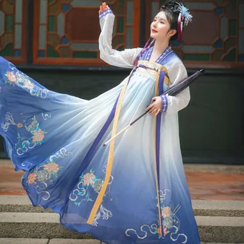 Китайское традиционное платье династии Тан Hanfu Robe, женская вышитая рубашка с широкими рукавами синего градиентного цвета, юбка на всю грудь