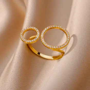 Кольца с двойным кругом из циркона для женщин, Регулируемое кольцо с геометрическим кругом из нержавеющей стали, Эстетический ювелирный подарок для свадебной вечеринки, женский подарок
