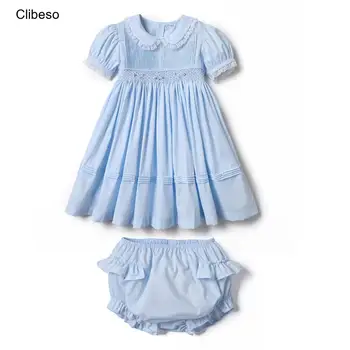 Комплект летних платьев для маленьких девочек 2024 года, детский бутик, хлопчатобумажные платья с воротником Питер Пэн ручной работы, шорты, детская одежда