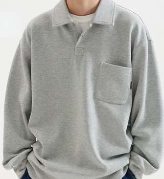 Корейская винтажная индивидуальность простой воротник поло мужская Толстовка Мода Зима Y2K Свободная Индивидуальность Пара Свободная Толстовка с длинным рукавом