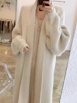 Корейский однотонный Длинный Женский кашемировый кардиган, пальто, Милый пушистый свитер с длинным рукавом, Зимняя теплая Свободная Женская трикотажная одежда Миди