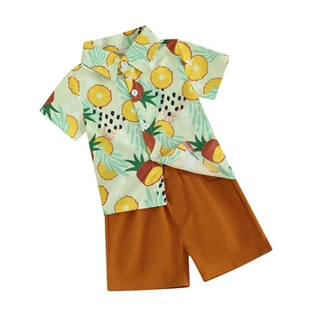 Короткий комплект для маленьких мальчиков Гавайский наряд Для маленьких мальчиков Летний Джентльмен С коротким рукавом, рубашка с принтом фруктового дерева, шорты, одежда