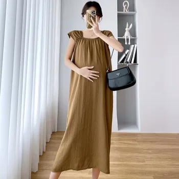 Короткое платье для беременных в корейском стиле, короткий рукав с круглым вырезом, большие размеры, коричневое платье для беременных, модное платье для беременных длиной до щиколоток