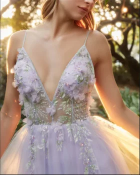 Лавандово-фиолетовая паста, сексуальное вечернее платье с V-образным вырезом, кружевная аппликация без рукавов, платье для выпускного вечера из бисера, платье для свадебной вечеринки На заказ