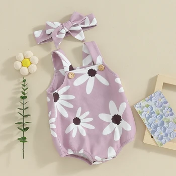 Летний наряд для новорожденной девочки с цветочным принтом, комбинезон без рукавов, Боди, Повязка на голову, Милая одежда из 2 предметов