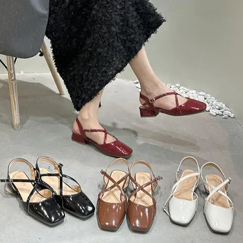 Лето 2023, Новые женские красно-коричневые сандалии, модные неглубокие женские туфли Mary Jane на низком каблуке, Элегантные туфли-лодочки