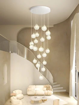 Люстра для лестницы в кремовом стиле, современная простая и роскошная двухуровневая атмосферная длинная люстра для гостиной виллы с жемчугом в виде ракушки