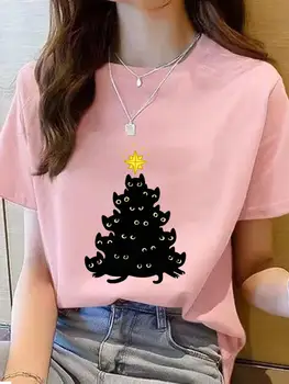 Милый тренд в стиле кошки, Рождественская модная футболка, одежда, праздничный топ с принтом, женская футболка с графическим рисунком, женская одежда, футболка
