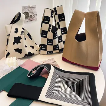 Мини-сумка на запястье с узлом, вязаная сумочка ручной работы, женская сумка, цветная клетчатая сумка, студенческие многоразовые сумки для покупок, повседневные сумки