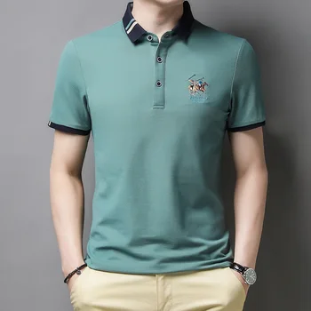 Модная брендовая мужская летняя хлопчатобумажная футболка с коротким рукавом, топ с коротким рукавом, модная Свободная рубашка поло с вышитыми лацканами снизу