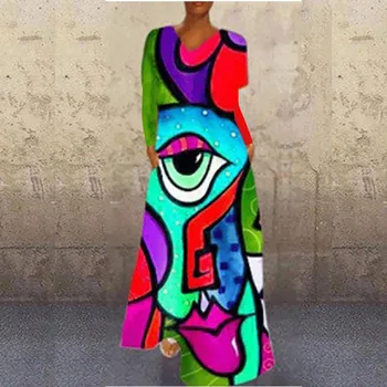 Модное платье с круглым вырезом длиной до колен с абстрактным рисунком Граффити Женские длинные платья Богемное Свободное Пляжное платье без рукавов