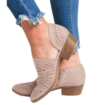 Модные женские ботинки Весна-лето, женские ботильоны на низком каблуке из искусственной кожи, открытая обувь на платформе до щиколотки.