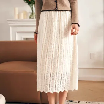 Модные Милые плиссированные Черные юбки трапециевидной формы длиной миди с высокой талией, осенне-зимняя кружевная юбка в стиле пэчворк с запахом в корейском стиле