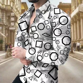 Мужская футболка с креативным круглым квадратным рисунком, лацкан с длинным рукавом, мужская уличная повседневная мужская одежда, топы