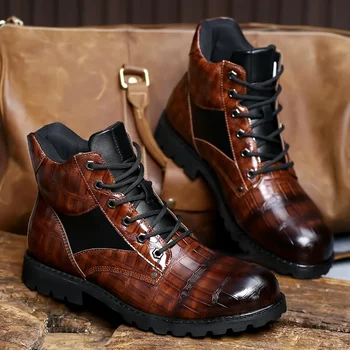 Мужские кожаные ботинки в стиле ретро, осенняя мужская обувь с круглым носком и сетчатым рисунком на квадратном каблуке, Модный дизайн для отдыха, мужские кожаные ботинки на шнуровке