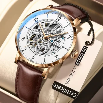 Мужские механические часы 2023 TRSOYE от ведущего бренда со скелетообразным циферблатом из коричневой натуральной кожи reloj hombre