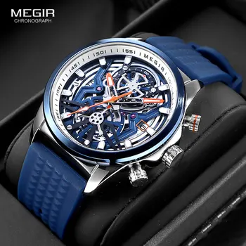 Мужские часы MEGIR Sport с хронографом, темно-синий силиконовый ремешок, водонепроницаемые кварцевые наручные часы с автоматической датой, светящиеся стрелки 2235