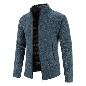 Мужской вязаный свитер Стильные мужские вязаные куртки-кардиганы на осень-зиму, теплая мягкая модная верхняя одежда с воротником-стойкой на молнии