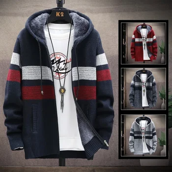 Мужской кардиган в полоску, Зимний свитер, флисовый джемпер, одежда с капюшоном, искусственный мех, Шерстяная блузка, повседневная ветровка, Корейская куртка