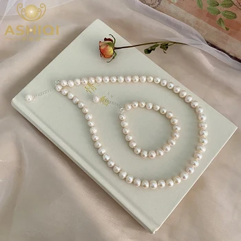 Набор ювелирных изделий из жемчуга ASHIQI, ожерелье и браслет из натурального пресноводного жемчуга стерлингового серебра 925 пробы для женщин