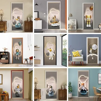 Наклейка на дверь с астронавтом, декор для детской комнаты, настенная роспись обоев для детской комнаты, водонепроницаемая наклейка из ПВХ
