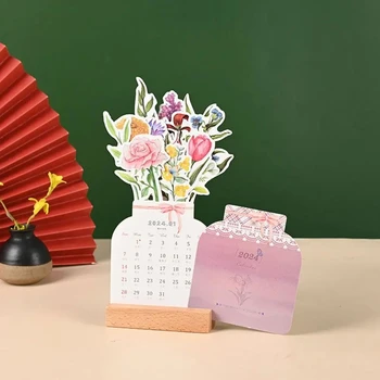 Настольный календарь Bloomy Flowers на 2024 год, креативный деревянный карточный календарь, красивые цветочные мини-настольные календари, канцелярские принадлежности